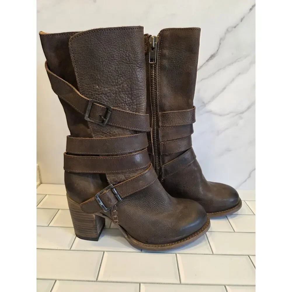 Freebird BARKER Mid-calf Brown Leather Boots, Buckle Details Side Zip, Boho | 9 - Picture 8 of 16